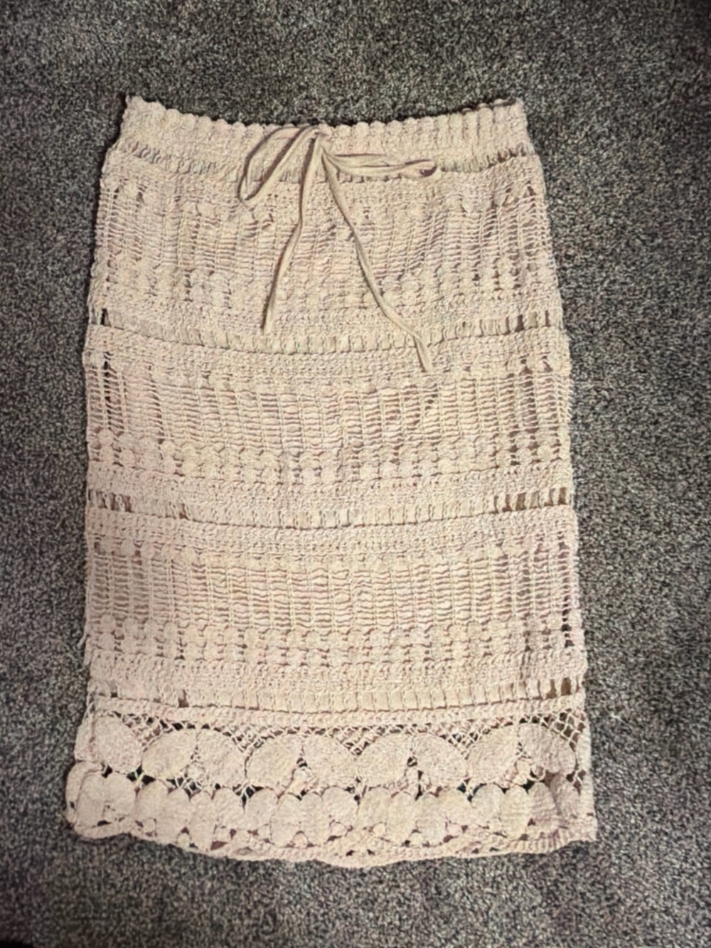 Women's Crochet Drawstring Midi Skirt in Light Beige
